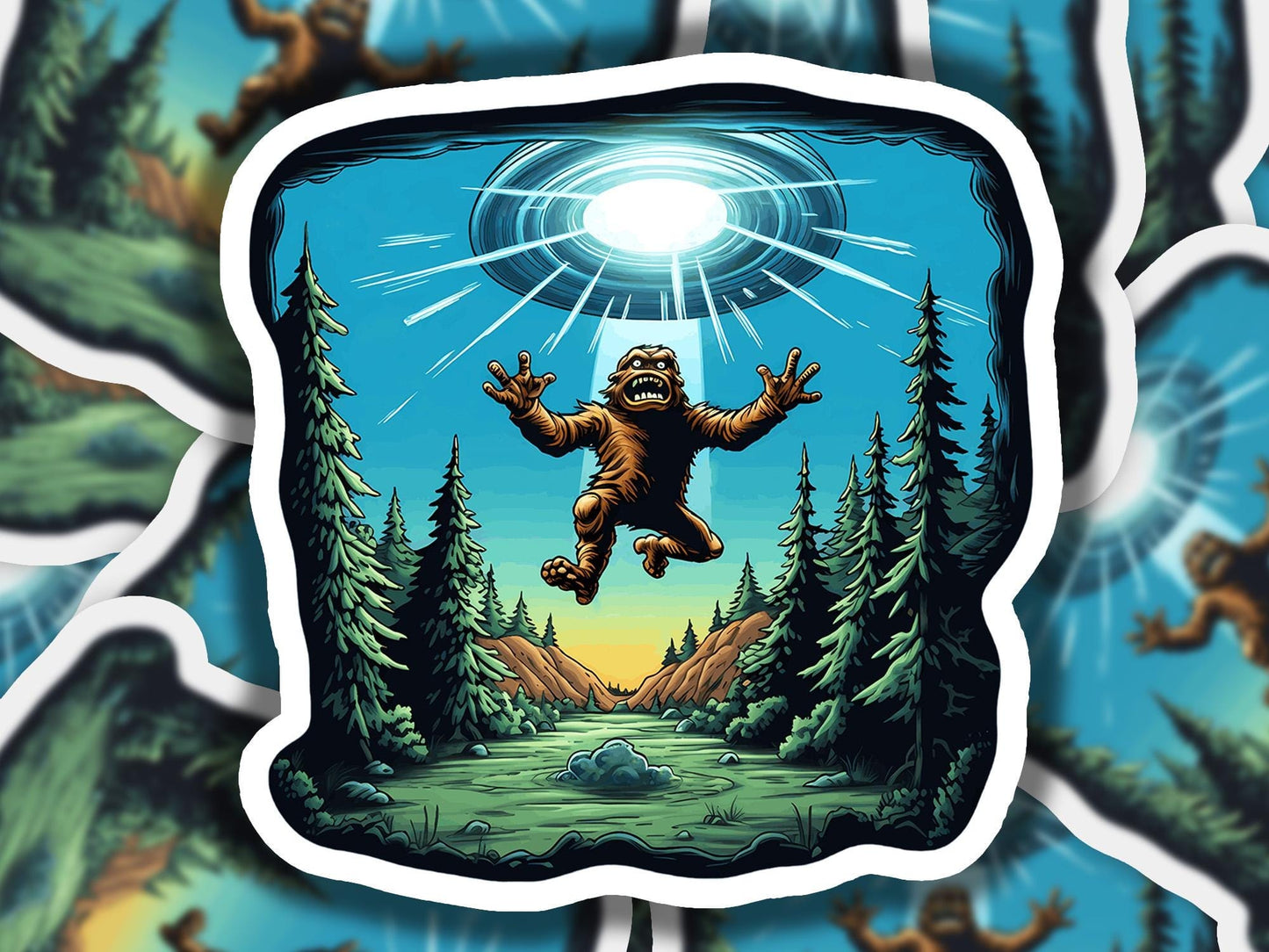 a sticker of a bigfoot flying over a forest