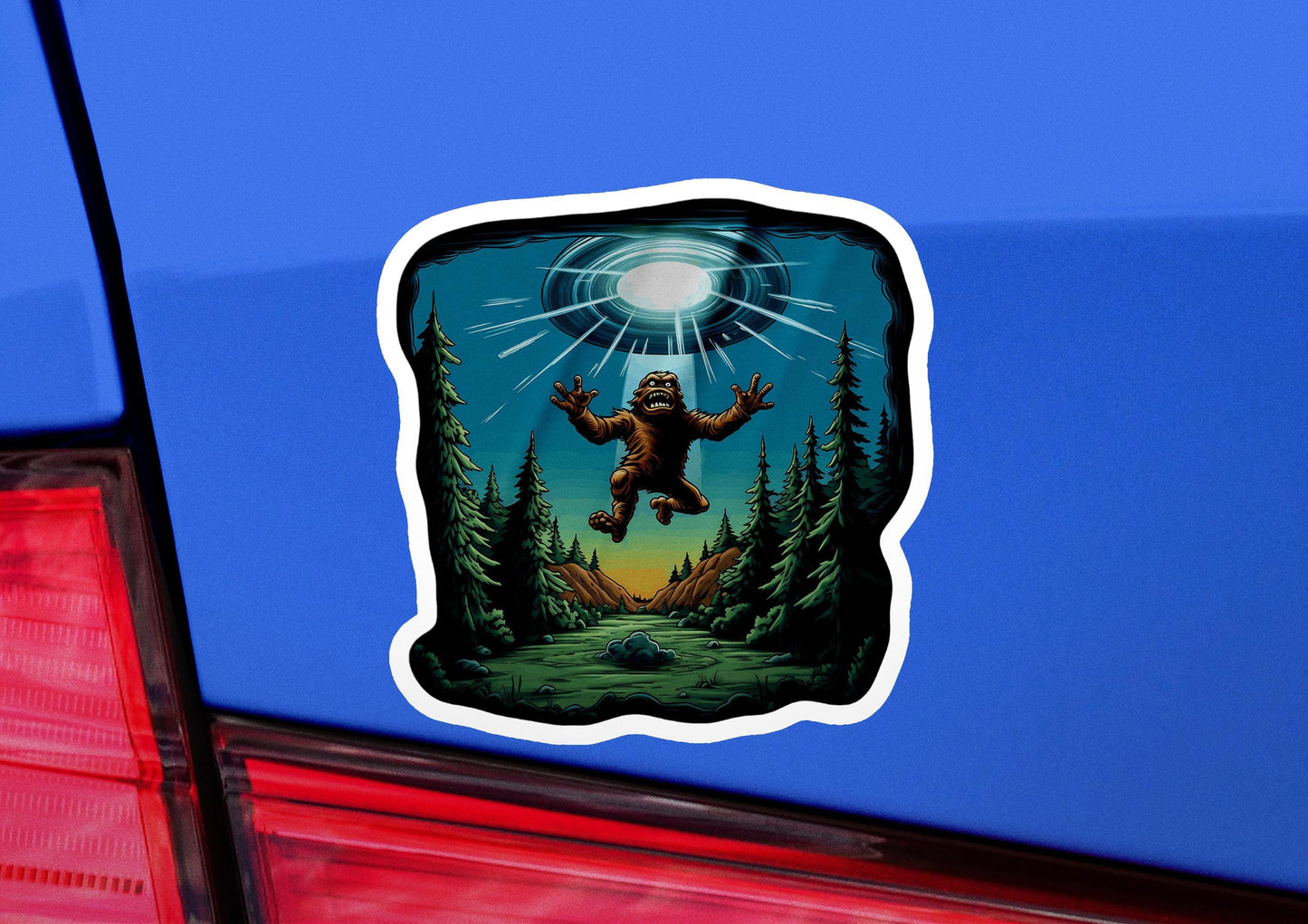 a sticker of a bigfoot jumping out of a car