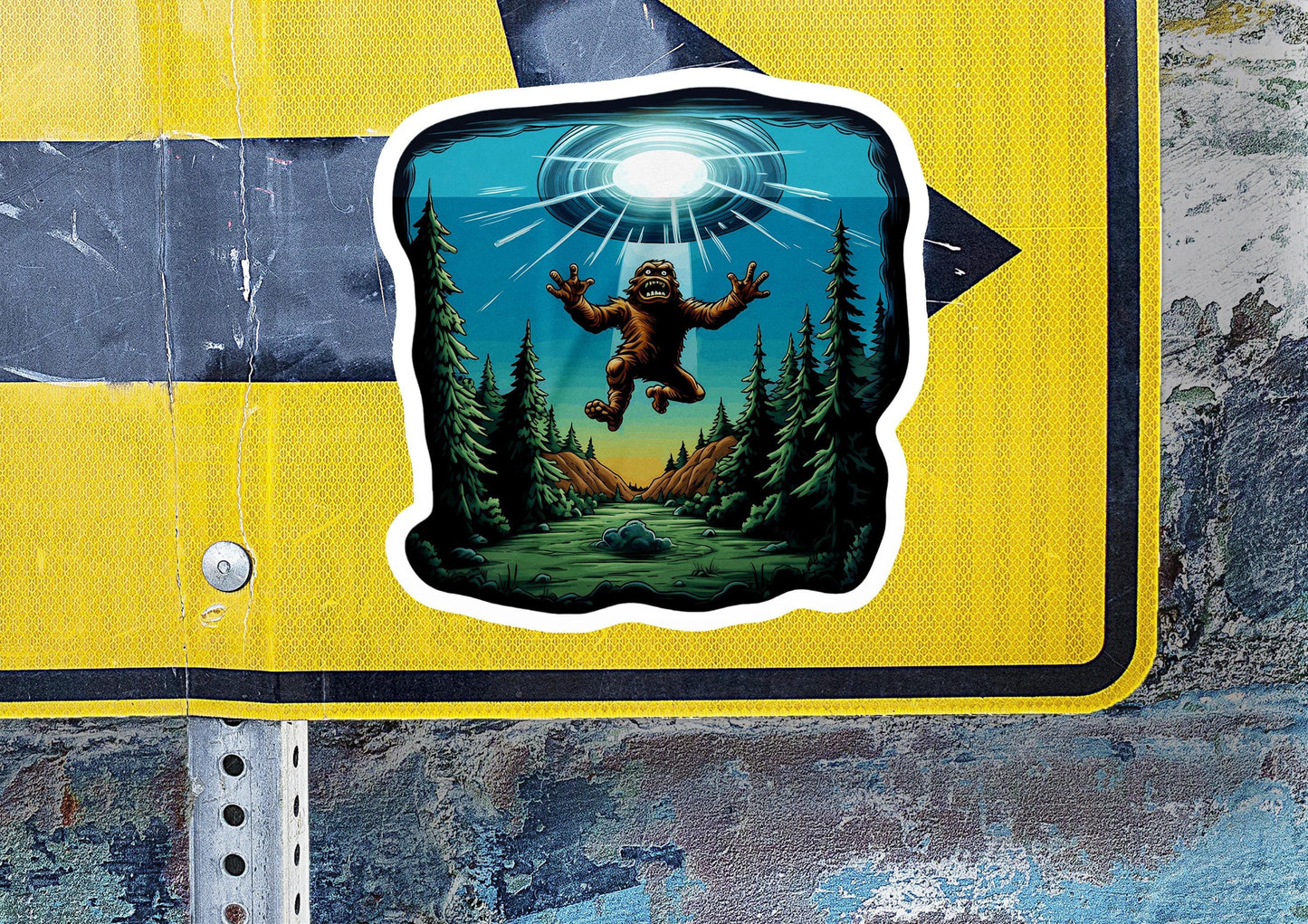 a sticker of a bigfoot flying over a forest
