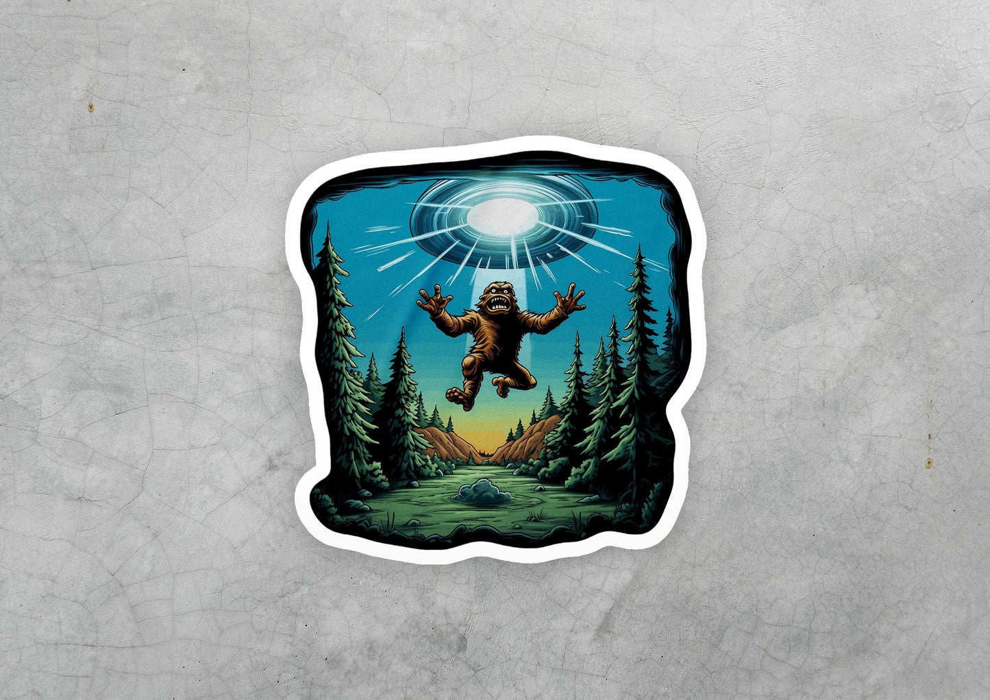 a sticker of a bigfoot flying over a forest