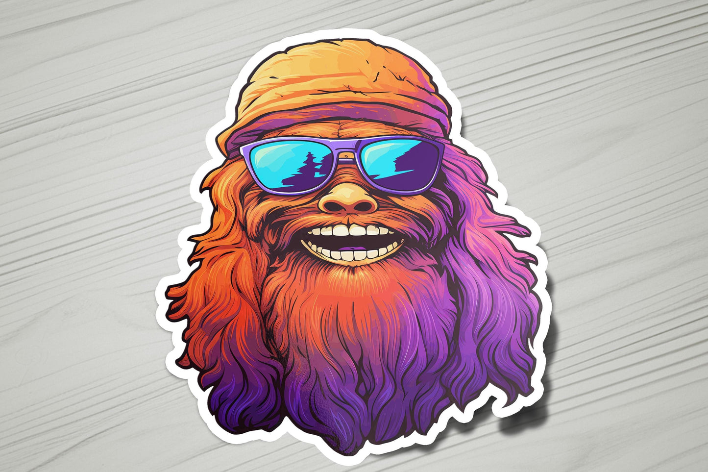 a sticker with an image of a bearded man wearing sunglasses