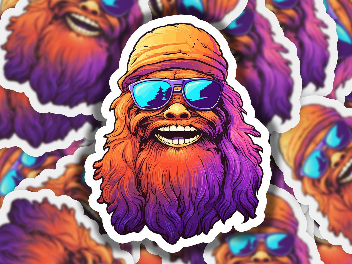 a sticker of a bearded man wearing sunglasses and a beanie