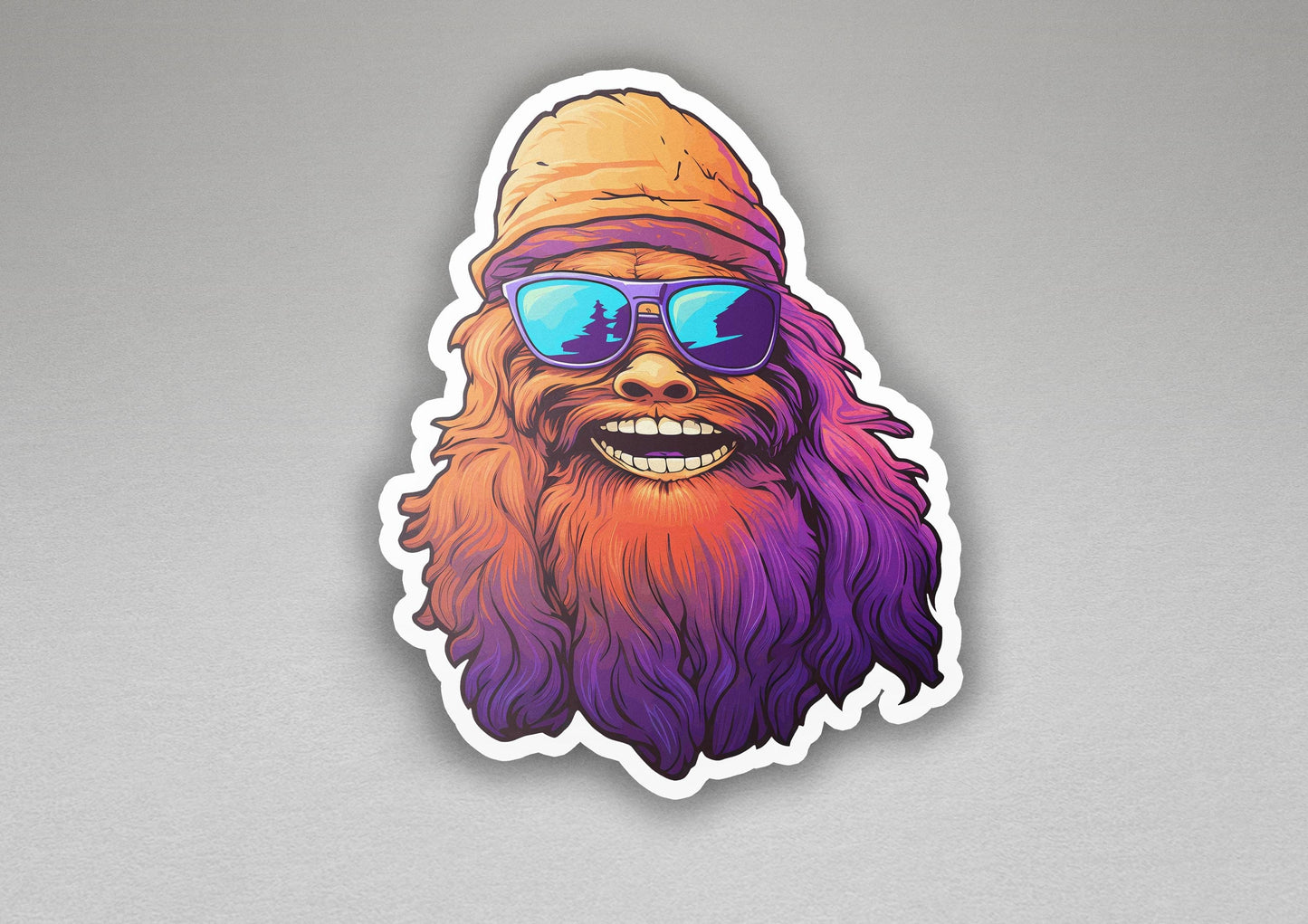 a sticker of a bearded man wearing sunglasses and a hat