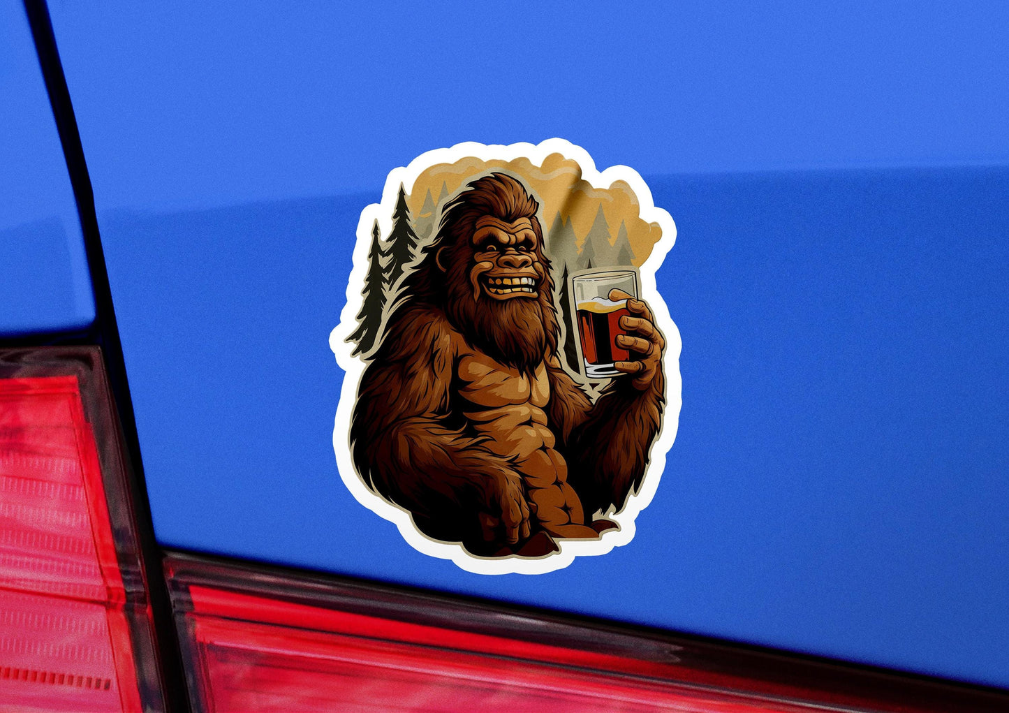 a sticker of a bigfoot holding a beer
