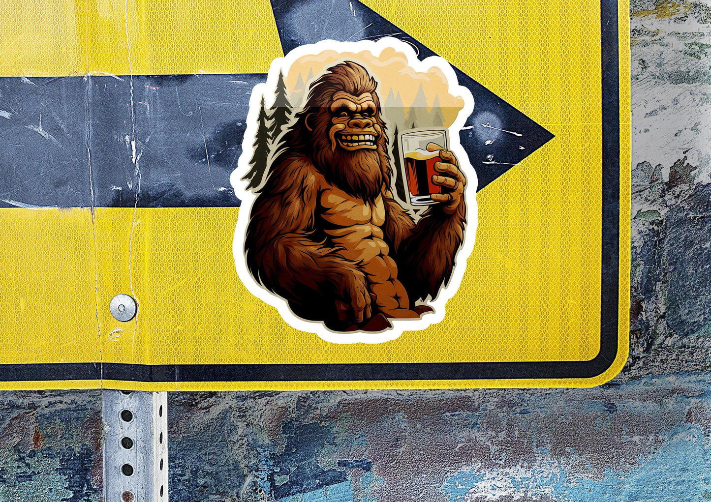 a sticker of a bigfoot holding a beer