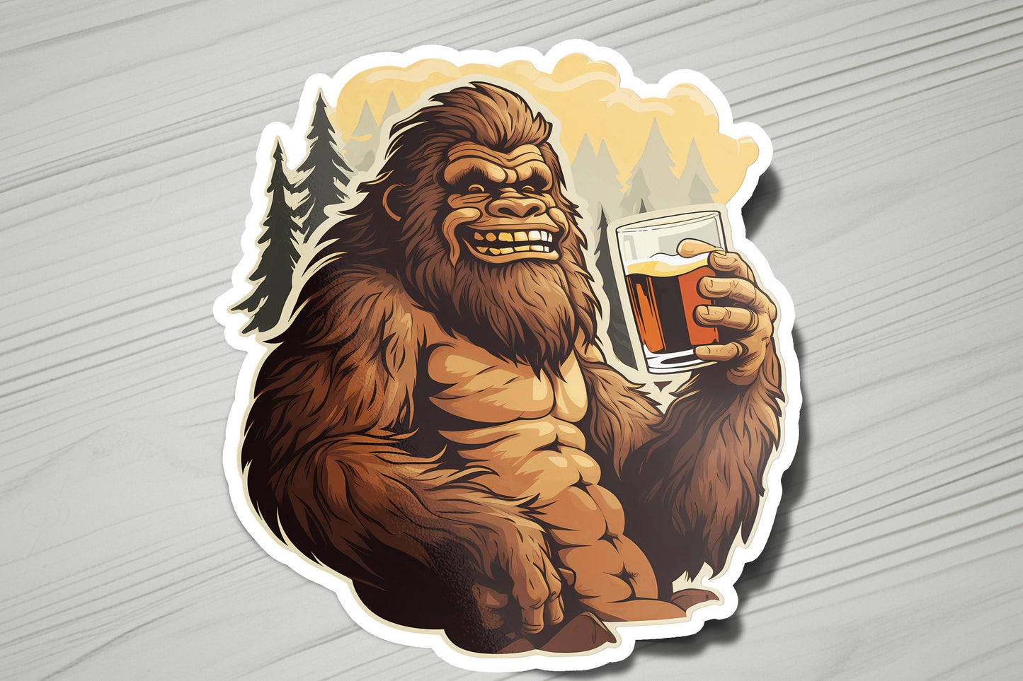 a sticker of a bigfoot holding a glass of beer