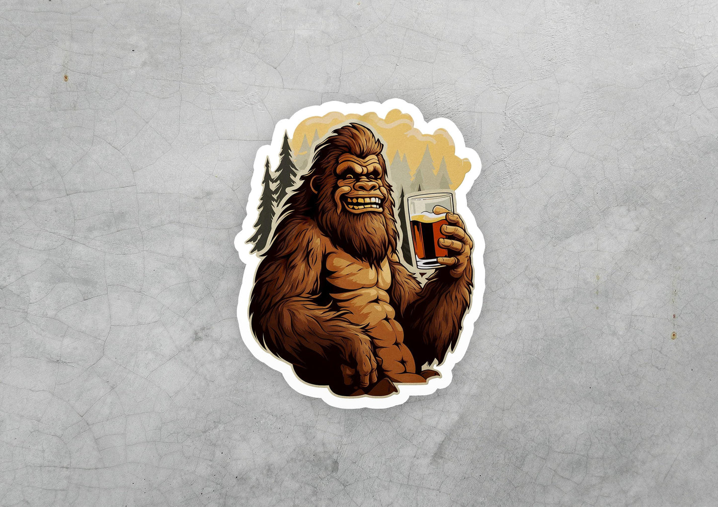 a sticker of a bigfoot holding a glass of beer