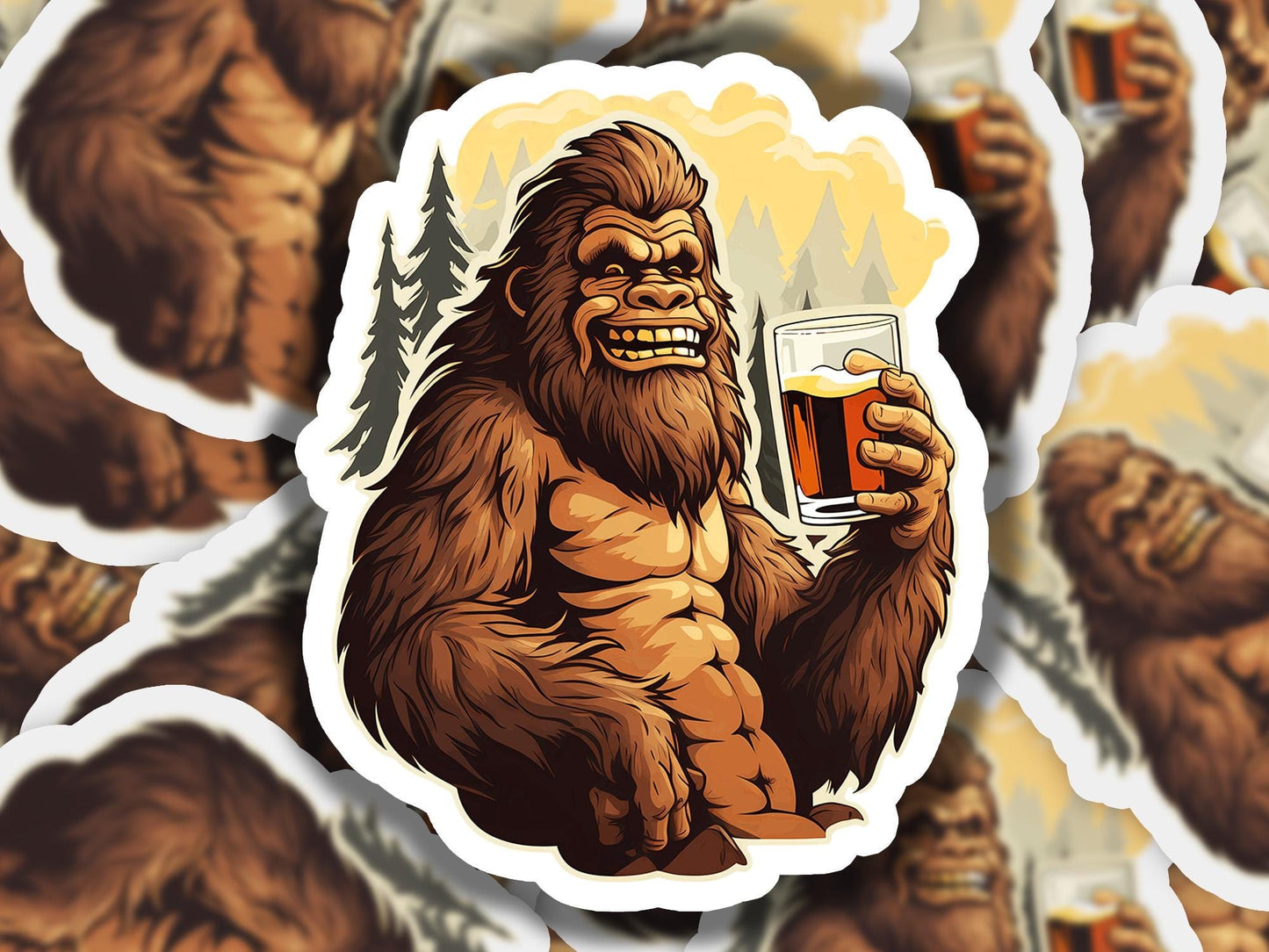 a sticker of a bigfoot holding a glass of beer