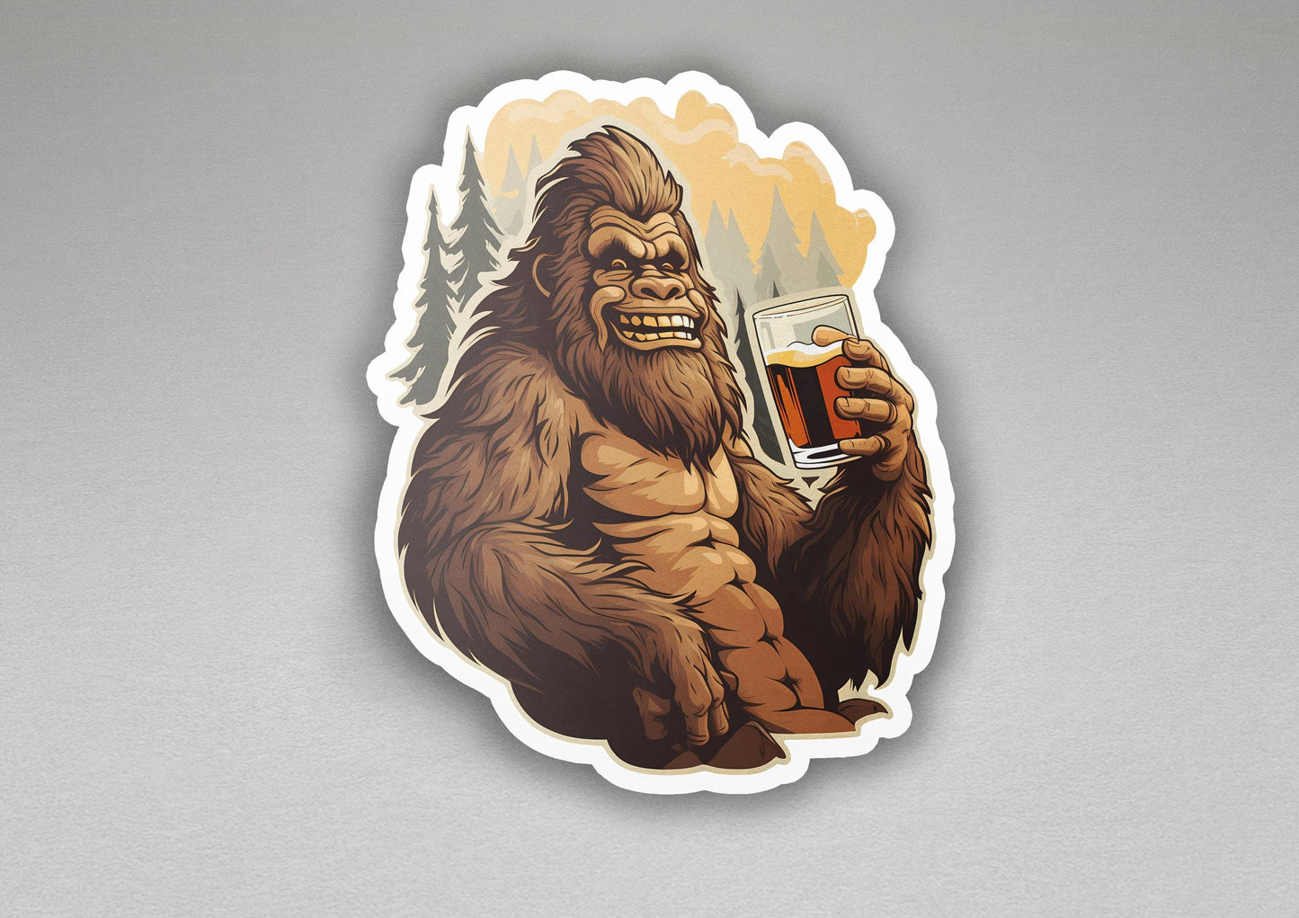 a sticker of a bigfoot holding a glass of beer