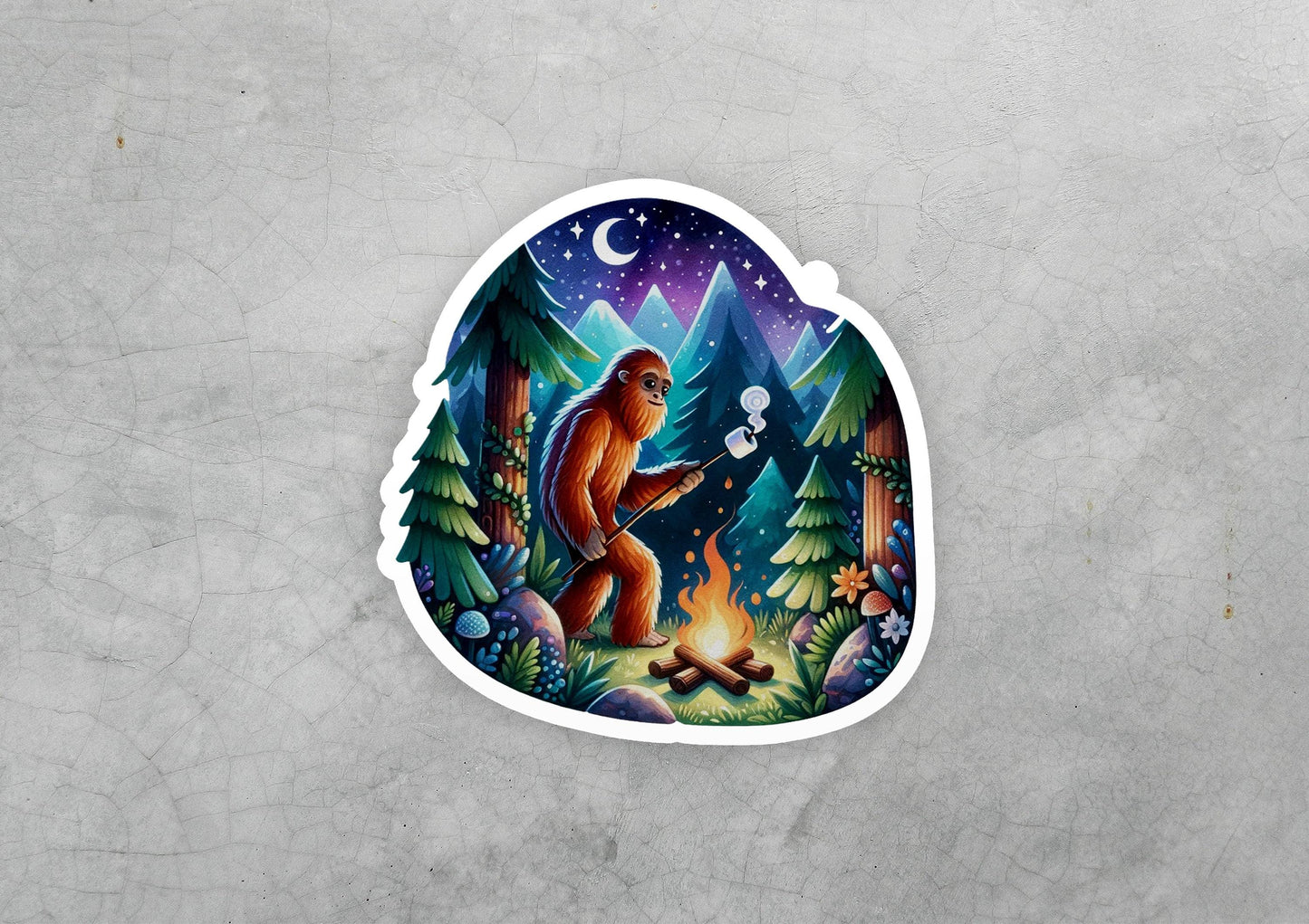 a sticker of a bigfoot camping in the woods
