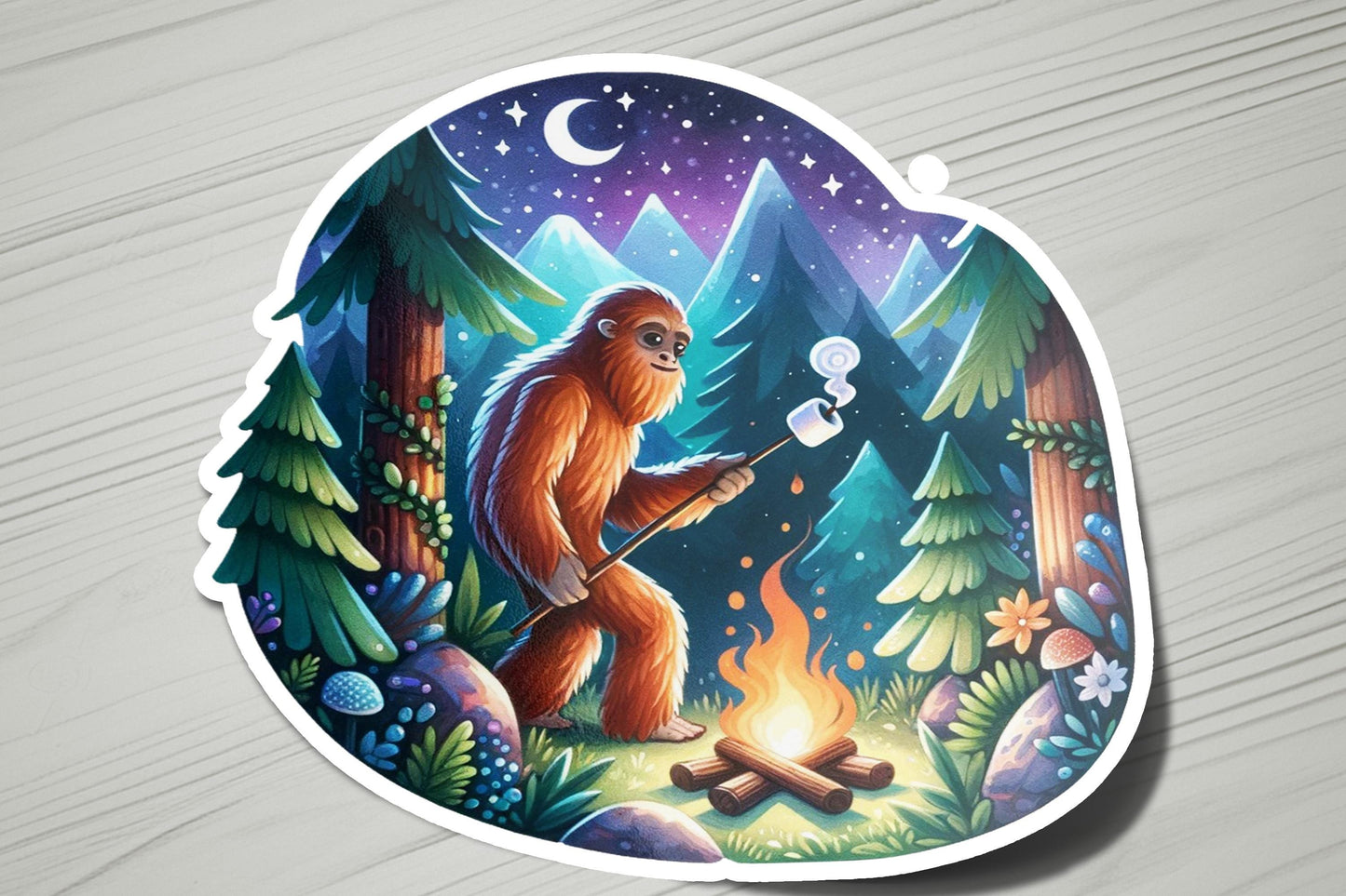 a sticker of a bigfoot camping in the woods