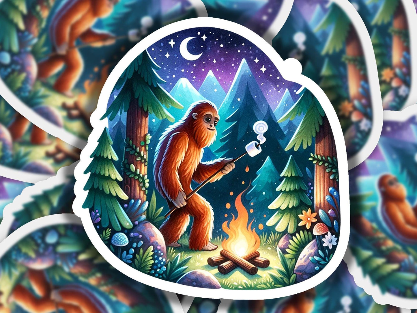a sticker of a bigfoot camping in the woods