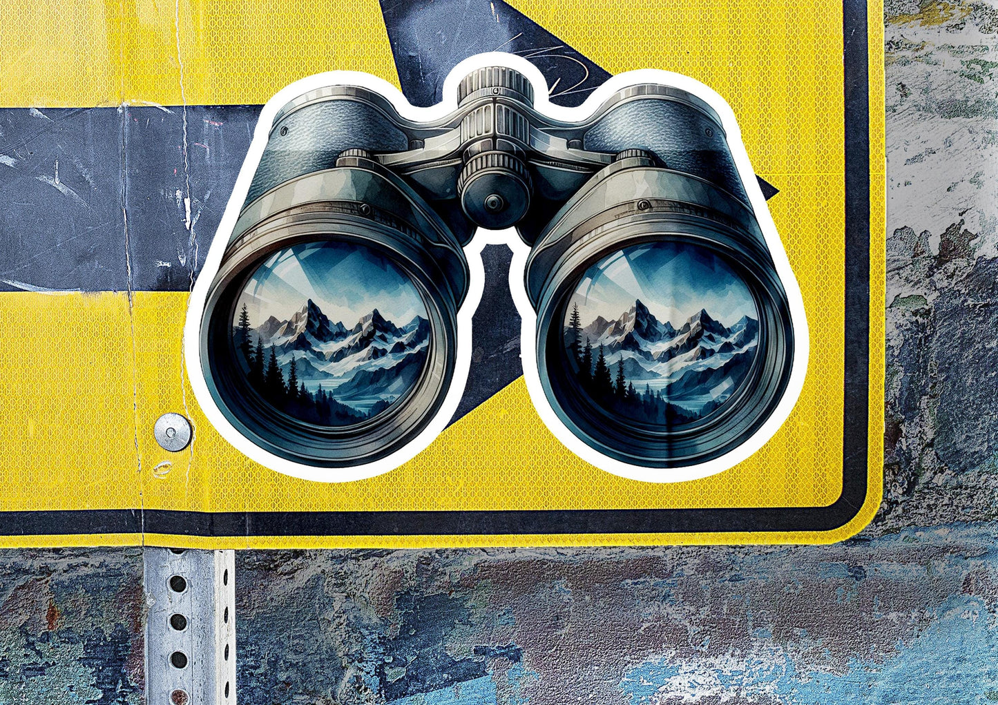 a close up of a street sign with a pair of binoculars