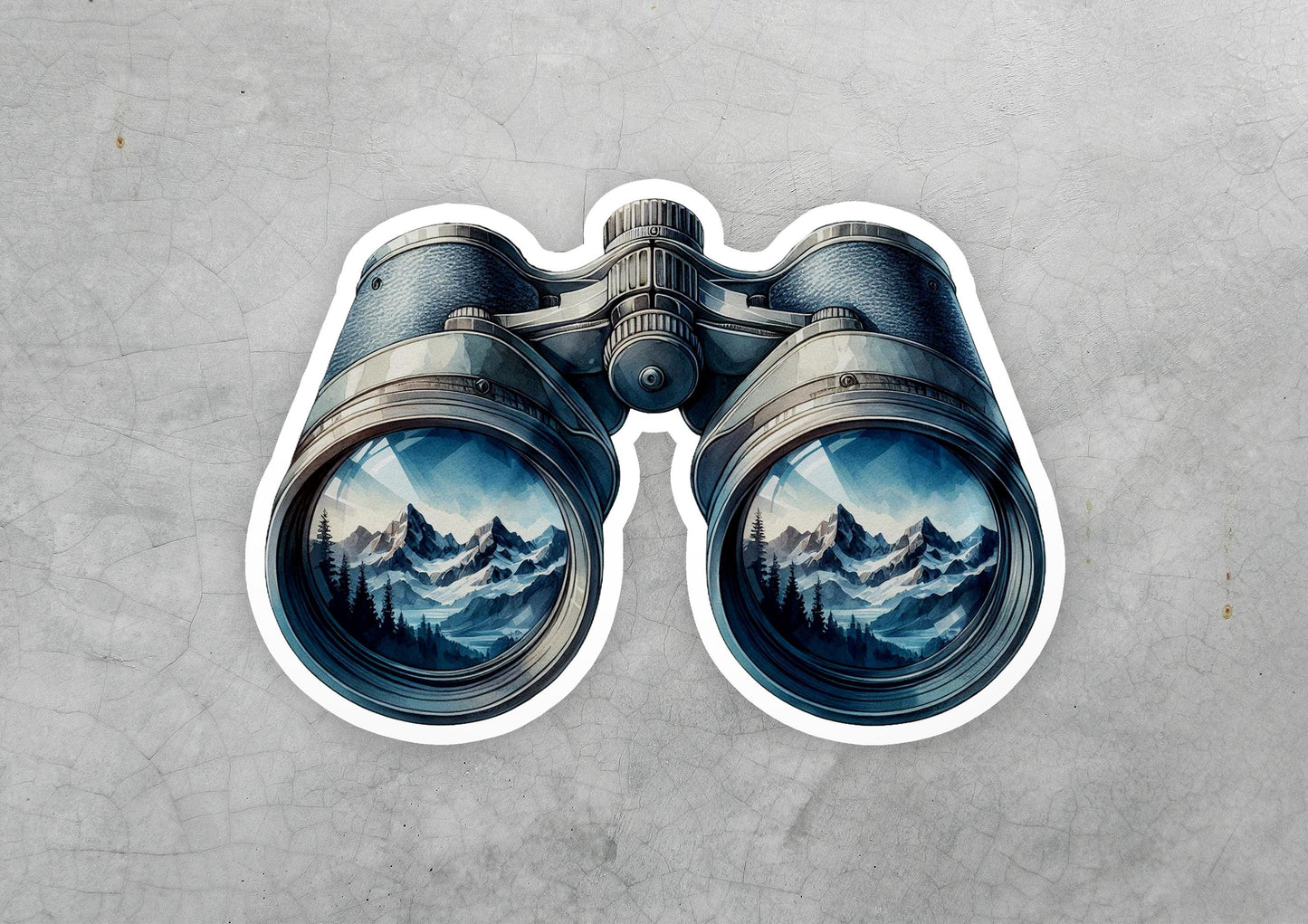 a sticker of a pair of binoculars with mountains in the background