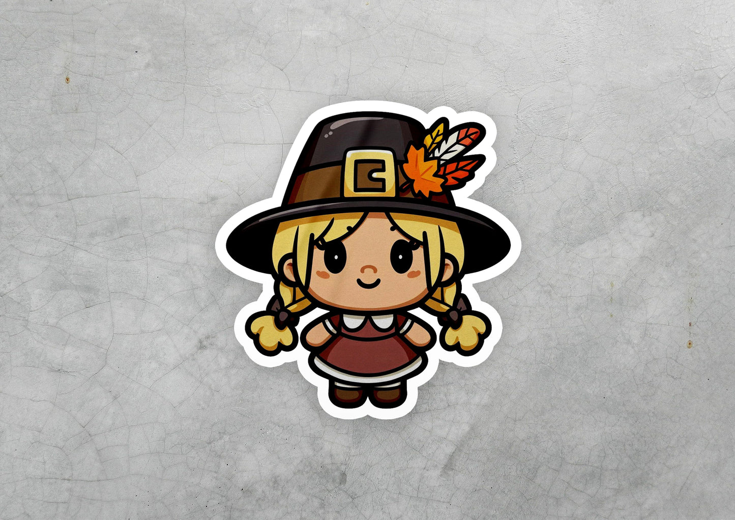 a sticker of a little girl wearing a pilgrim hat