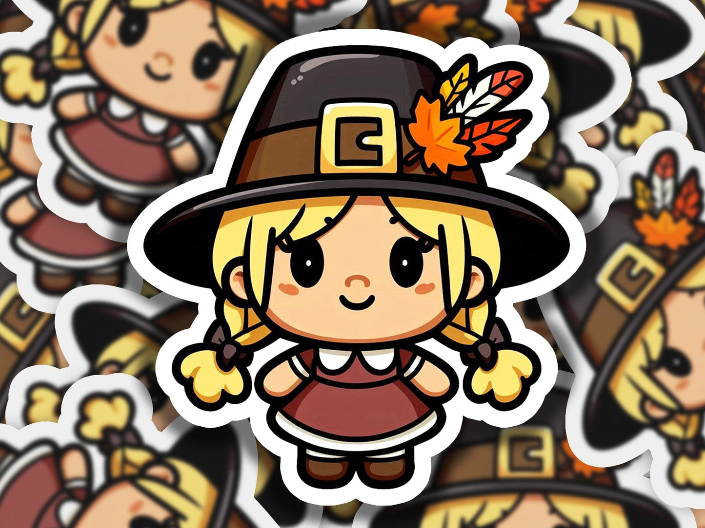 a sticker of a little girl dressed as a pilgrim