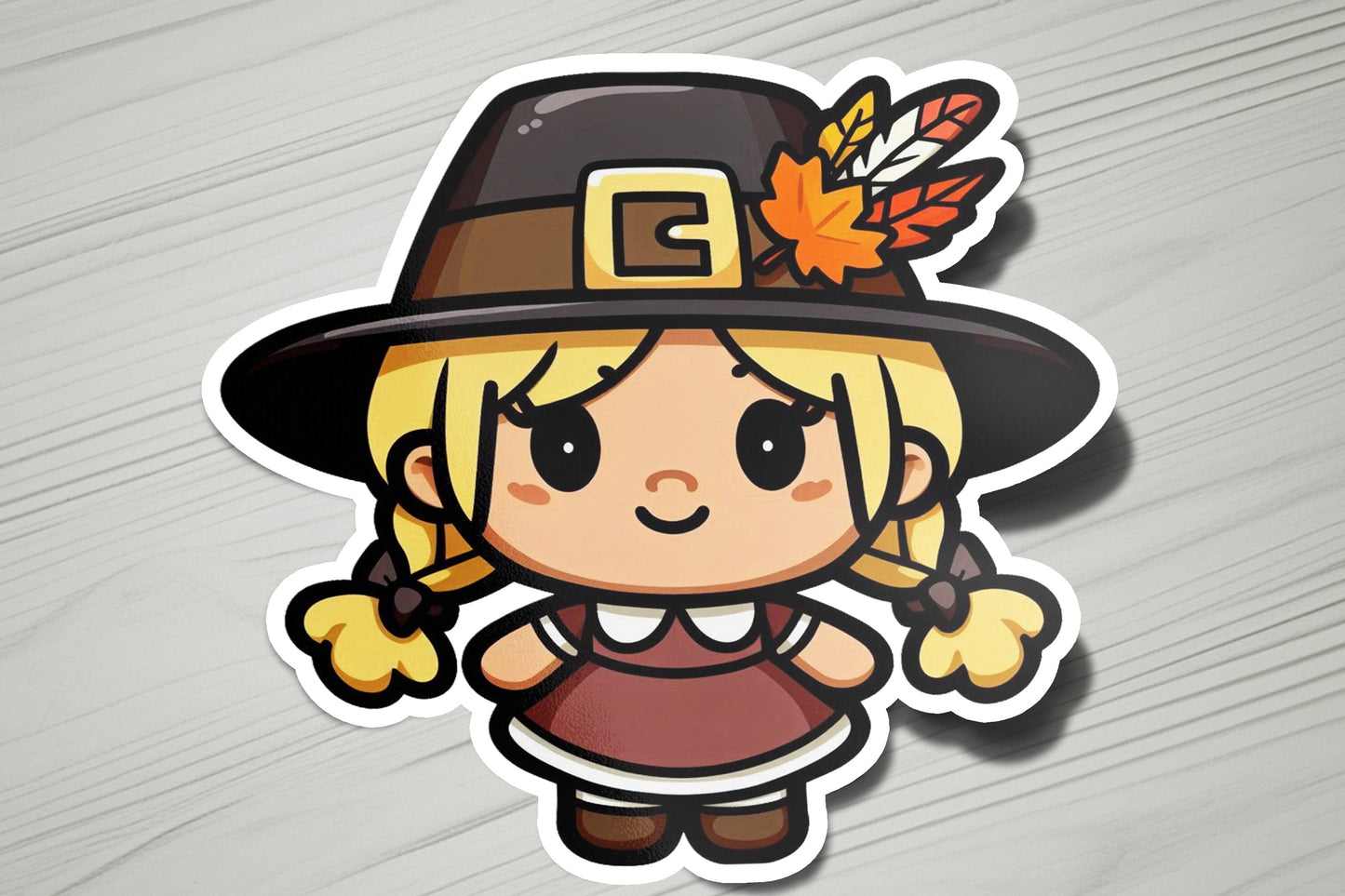a sticker of a little girl wearing a pilgrim hat