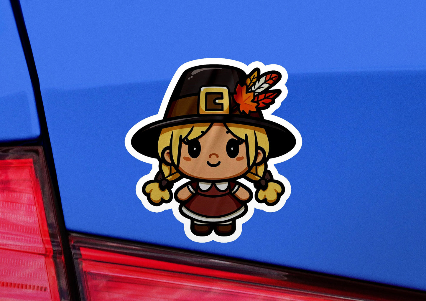 a car with a sticker of a girl wearing a pilgrim hat