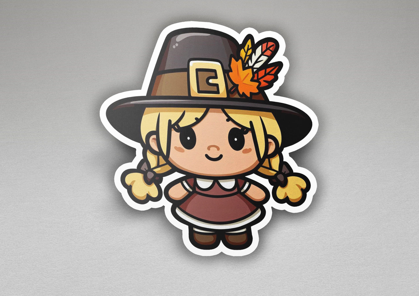 a sticker of a little girl wearing a pilgrim hat