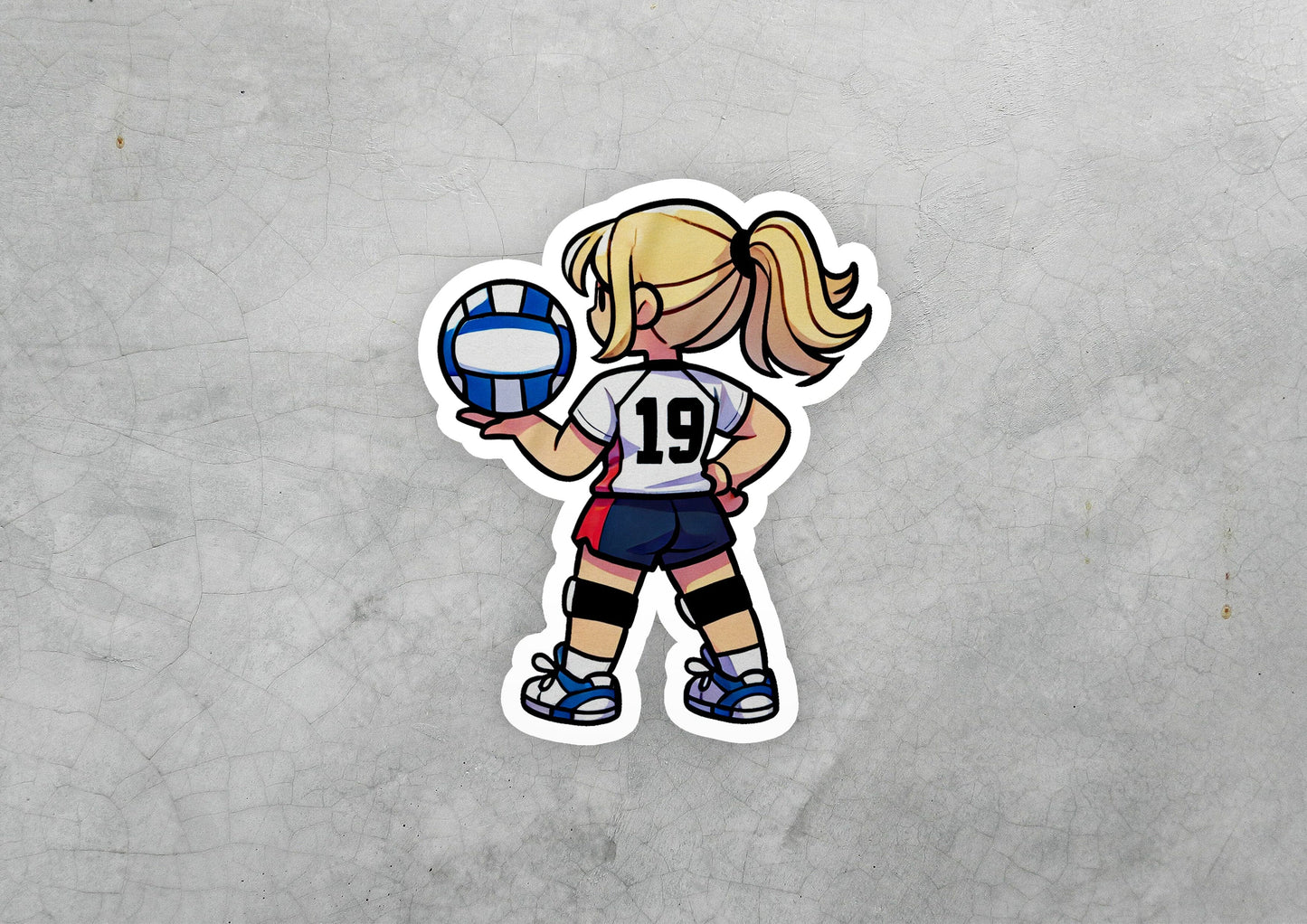a sticker of a girl holding a volleyball ball