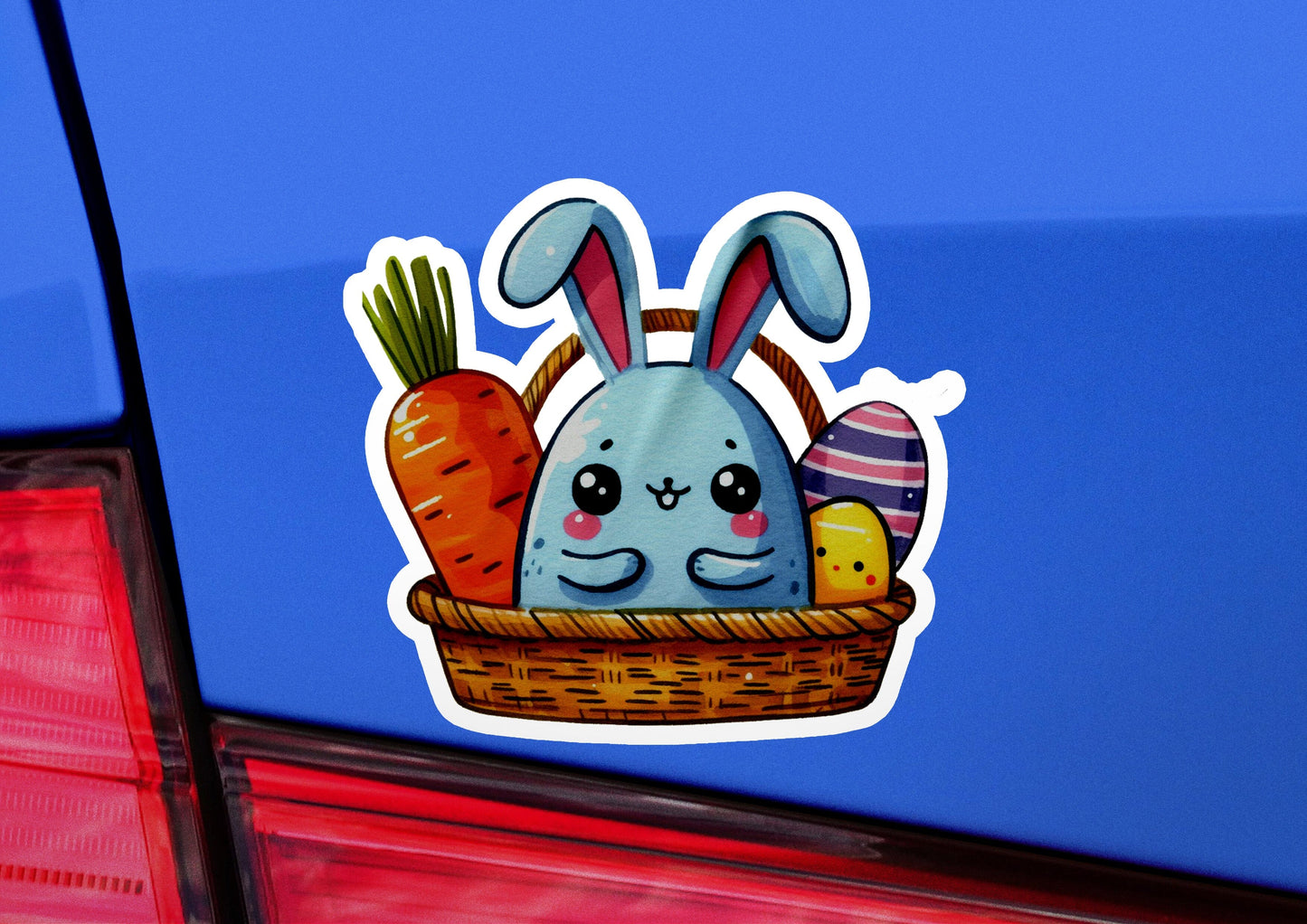 a sticker of a rabbit with carrots and eggs in a basket