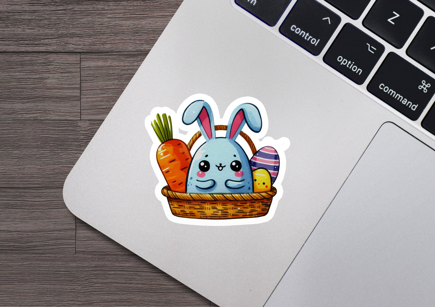 a laptop computer with a sticker of a bunny in a basket