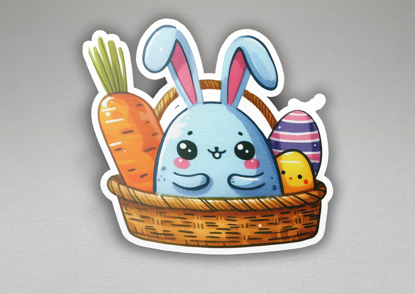 a sticker of a bunny rabbit sitting in a basket with eggs and carrots
