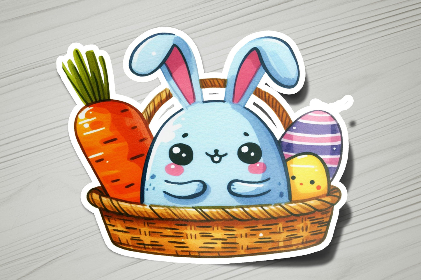 a sticker of a bunny in a basket with carrots