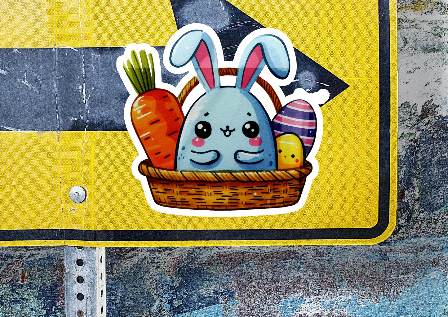 a sticker of a bunny rabbit in a basket of carrots