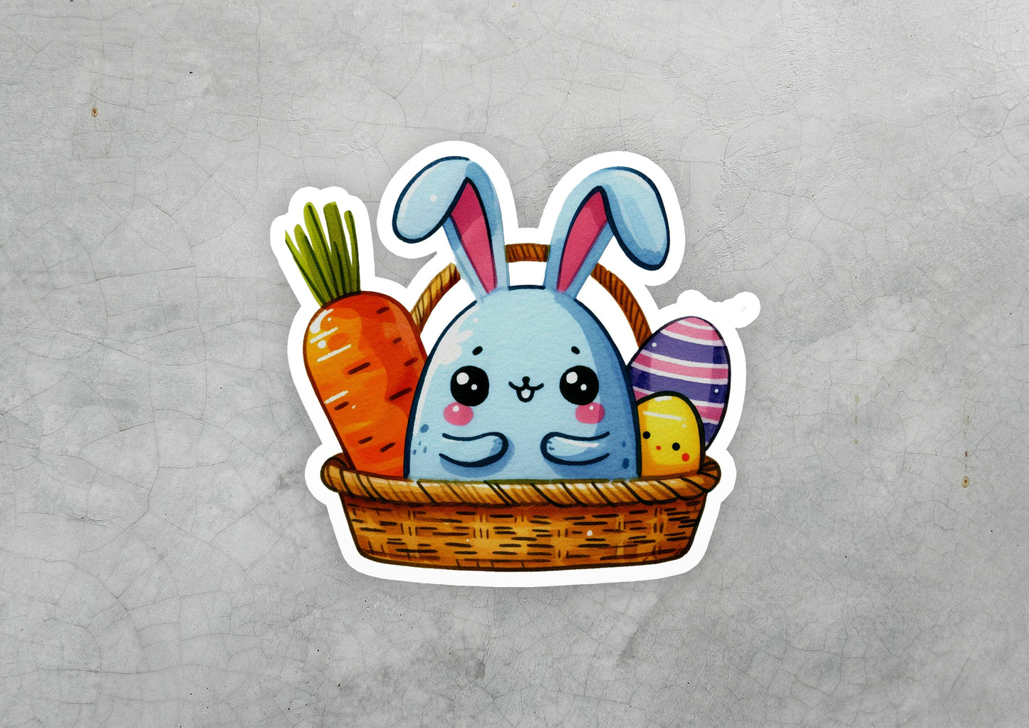a sticker of a bunny rabbit in a basket with eggs and carrots