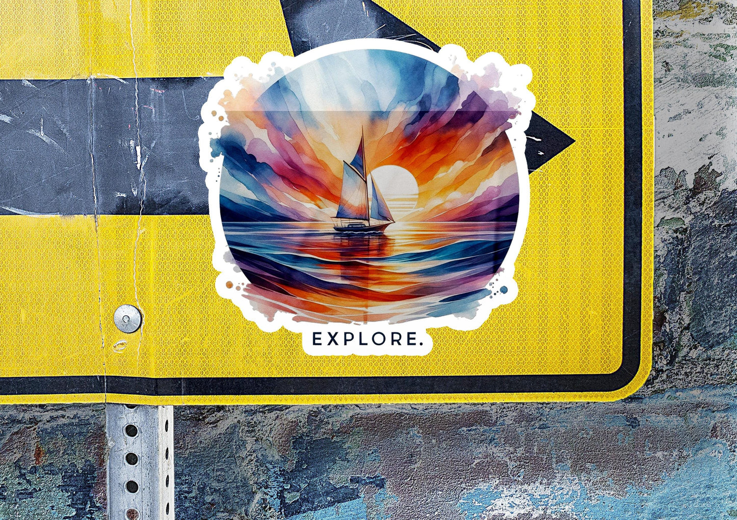 a yellow sign with a picture of a sailboat on it