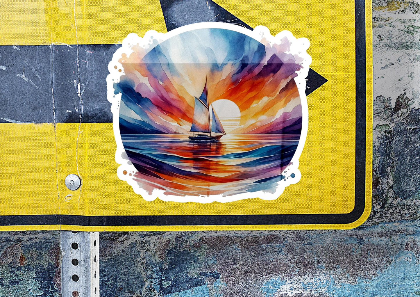 a yellow sign with a picture of a sailboat on it