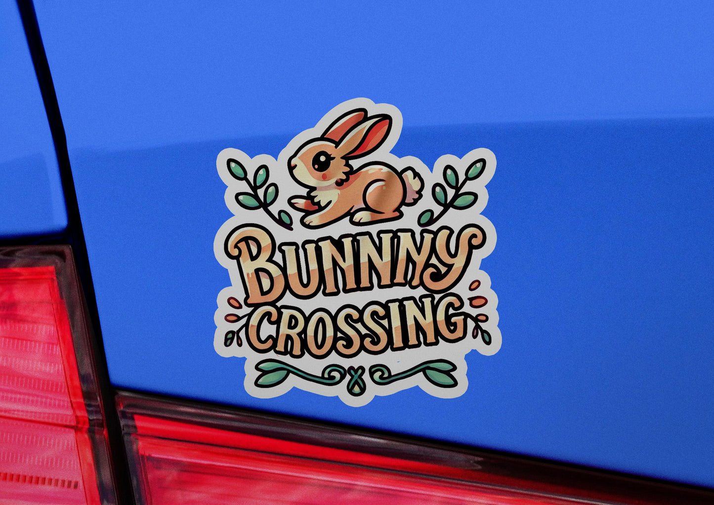 a sticker that says bunny crossing on the back of a car