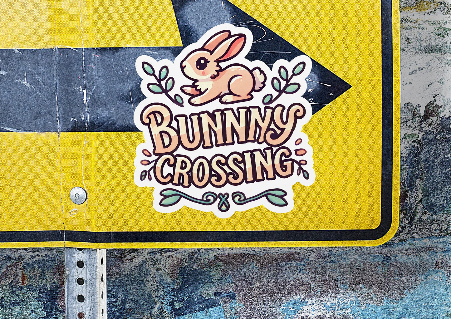 a sticker of a bunny crossing on the side of a road