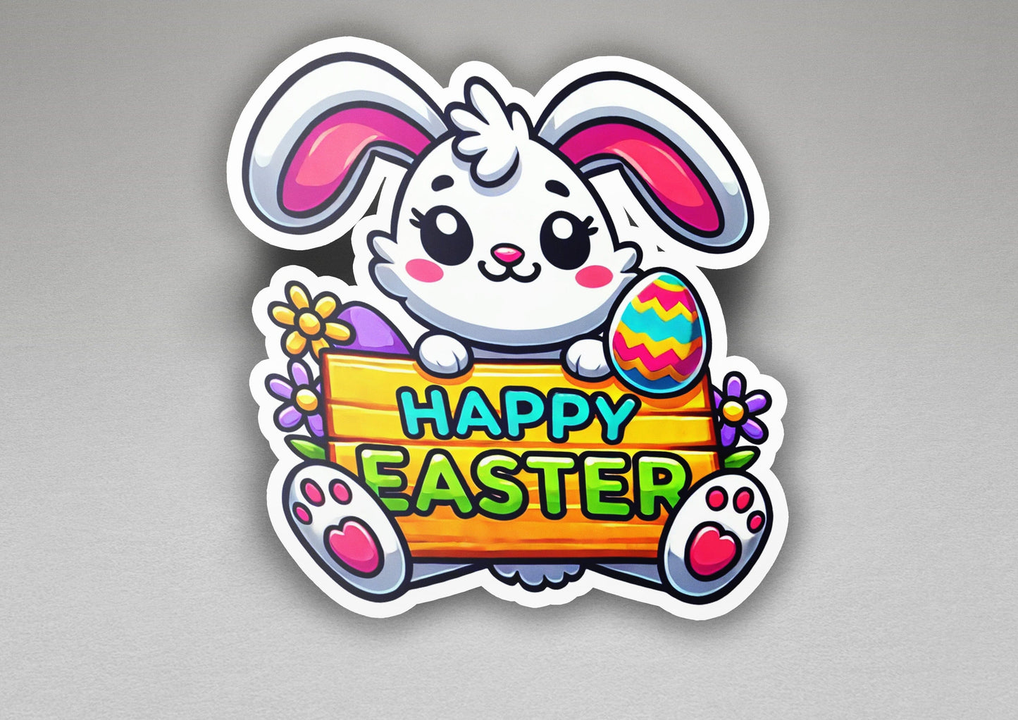 a sticker of a bunny holding a sign that says happy easter