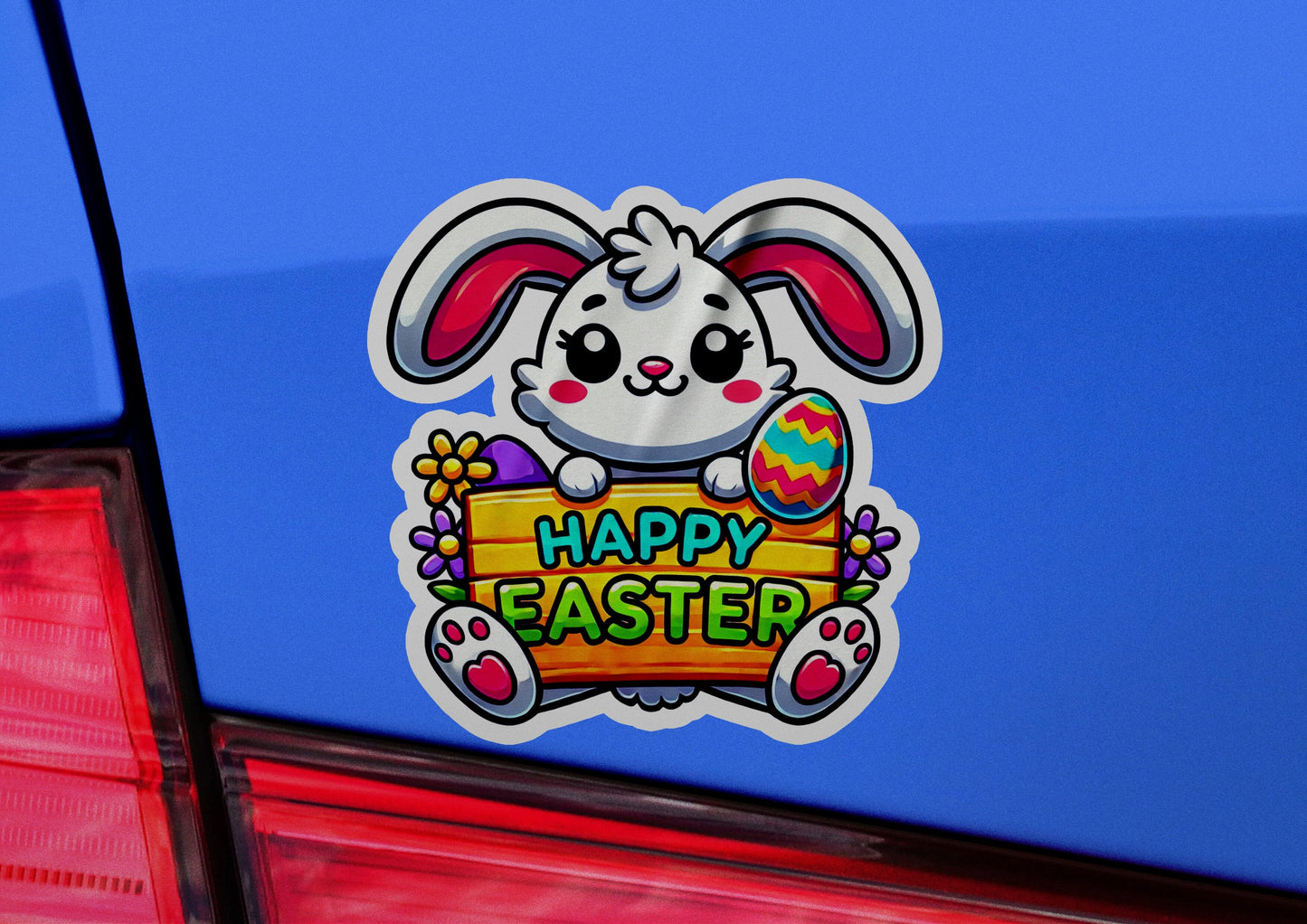 a sticker of a bunny holding a sign that says happy easter