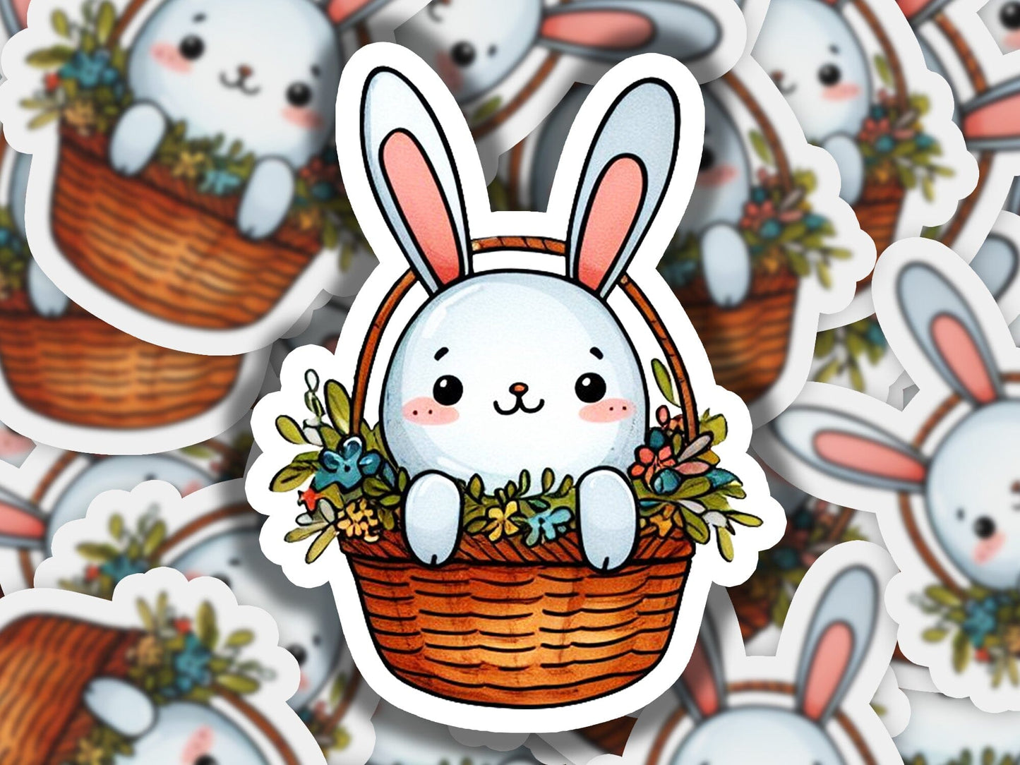 a bunch of stickers with a bunny in a basket