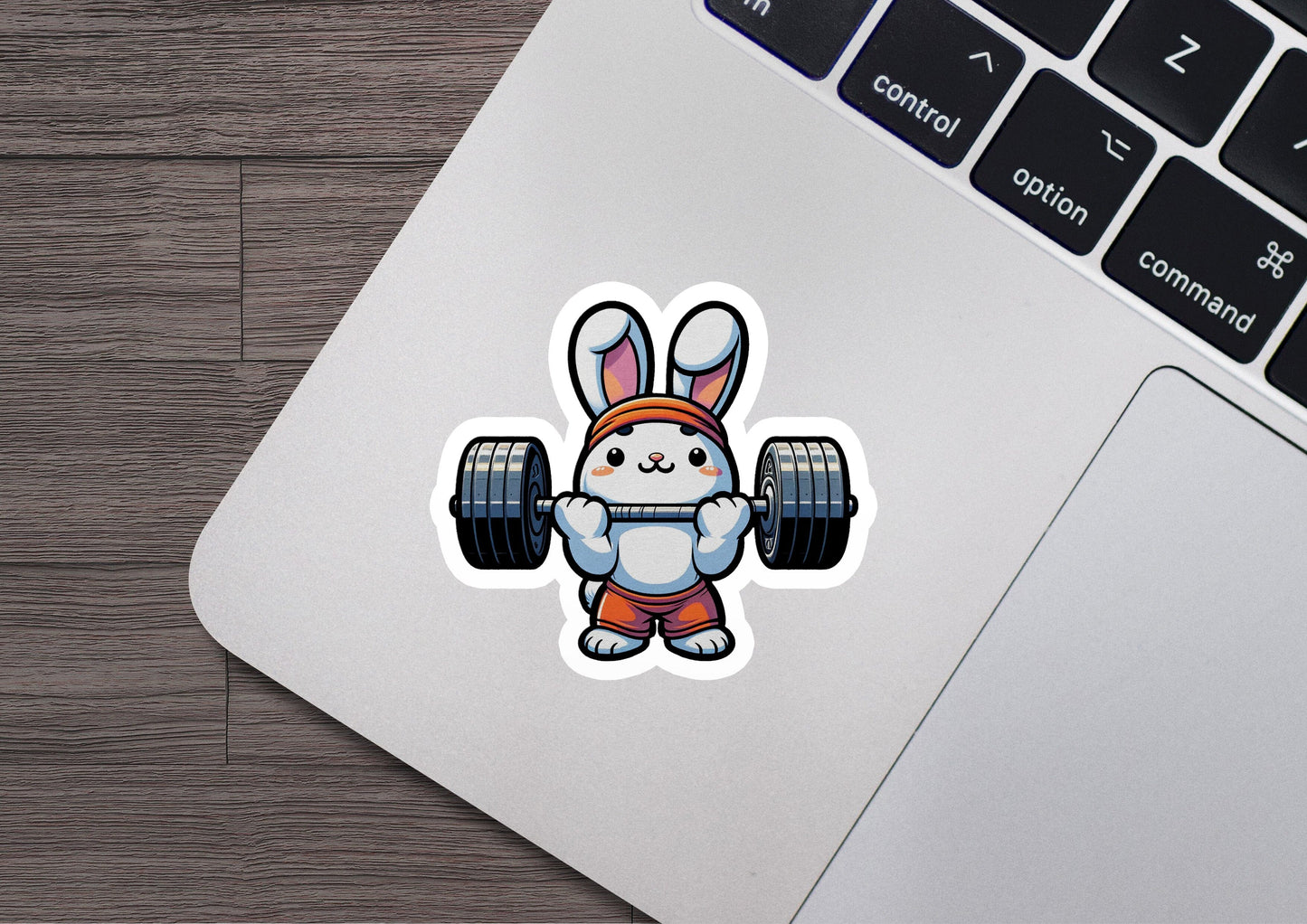 a sticker of a rabbit holding a barbell
