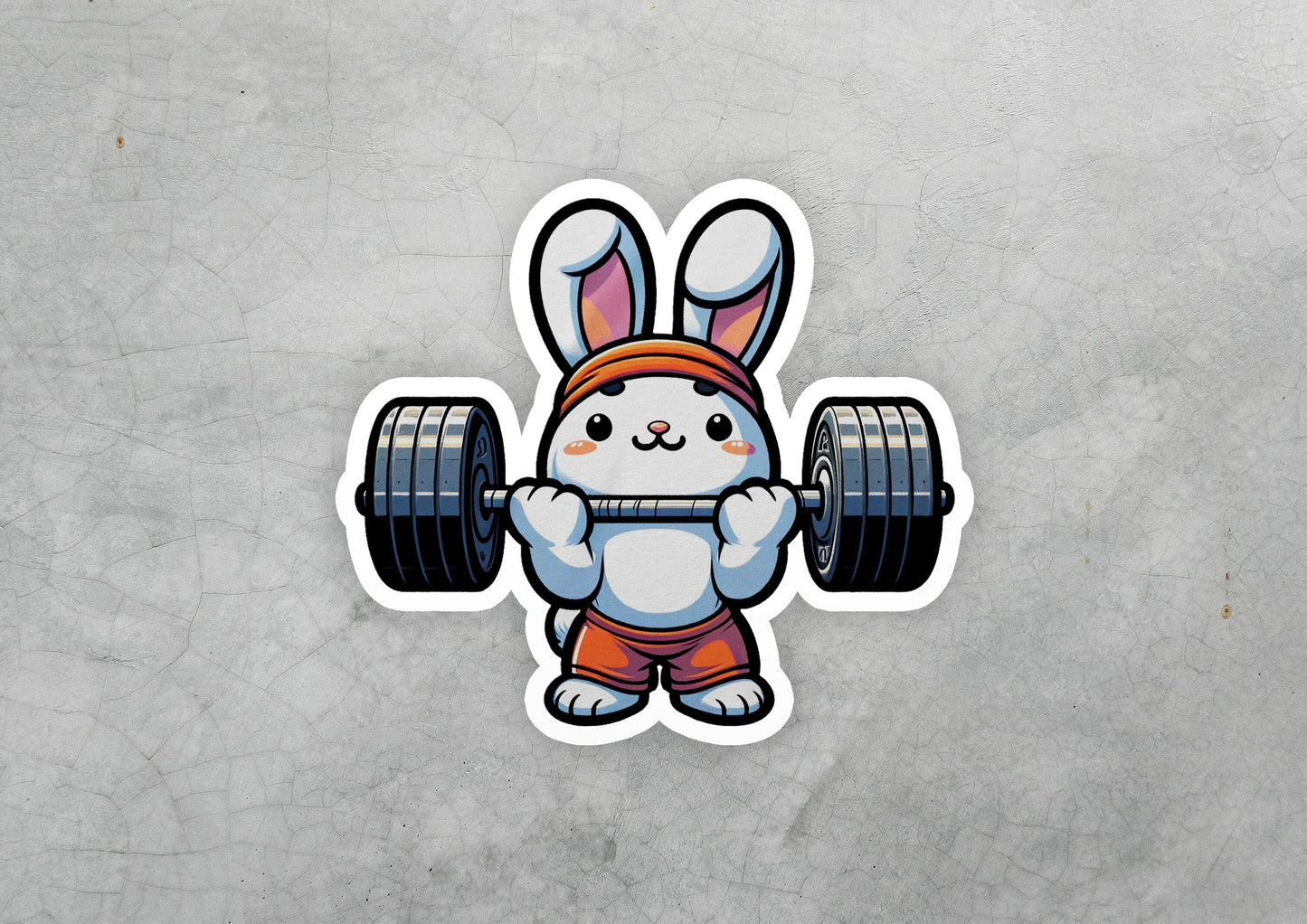 a sticker of a rabbit holding a barbell