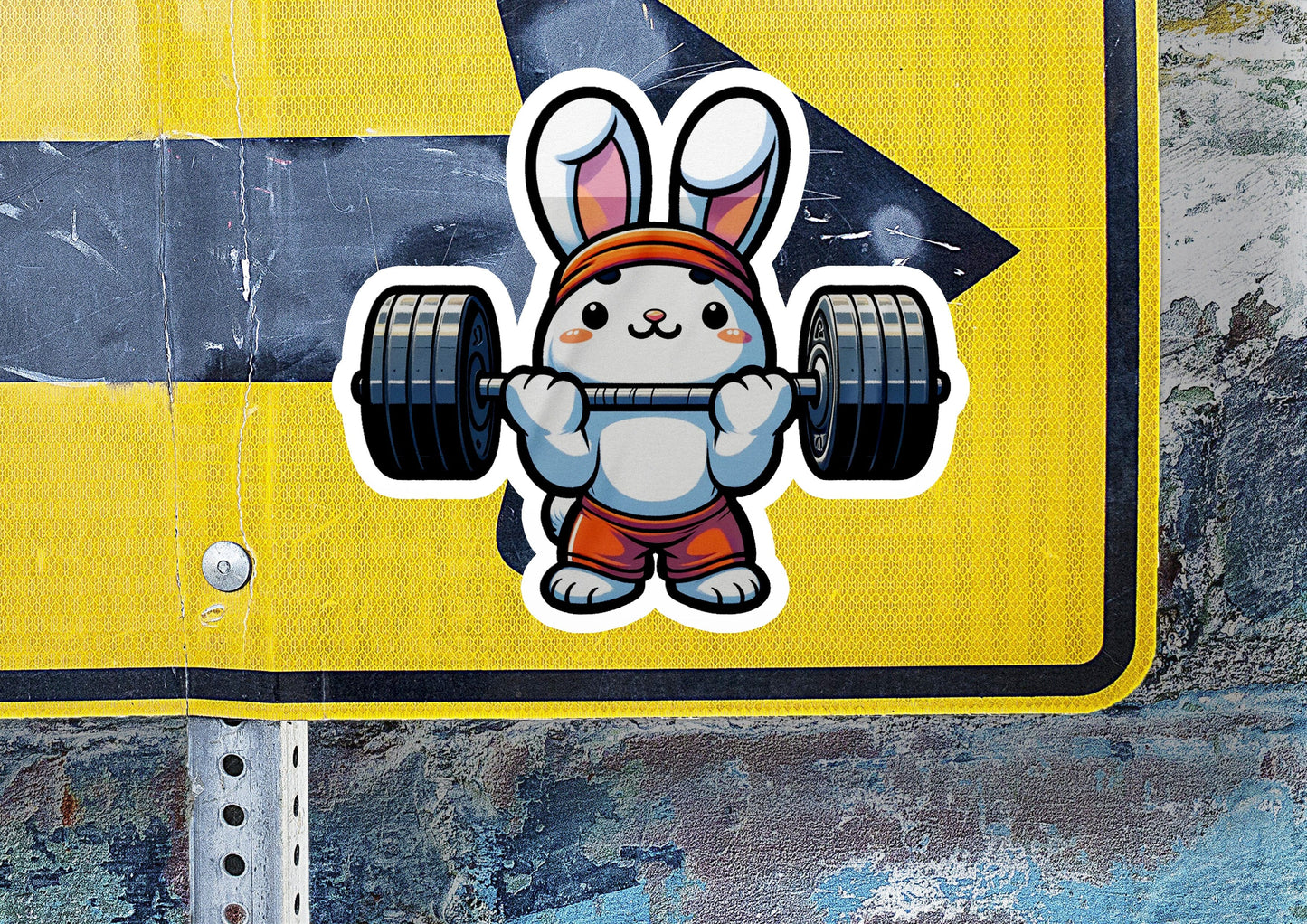 a sticker of a rabbit holding a barbell