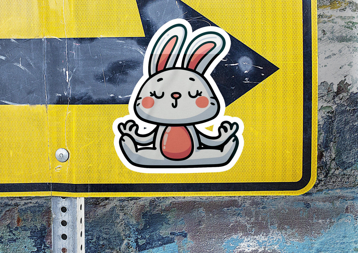 a close up of a street sign with a rabbit sticker on it