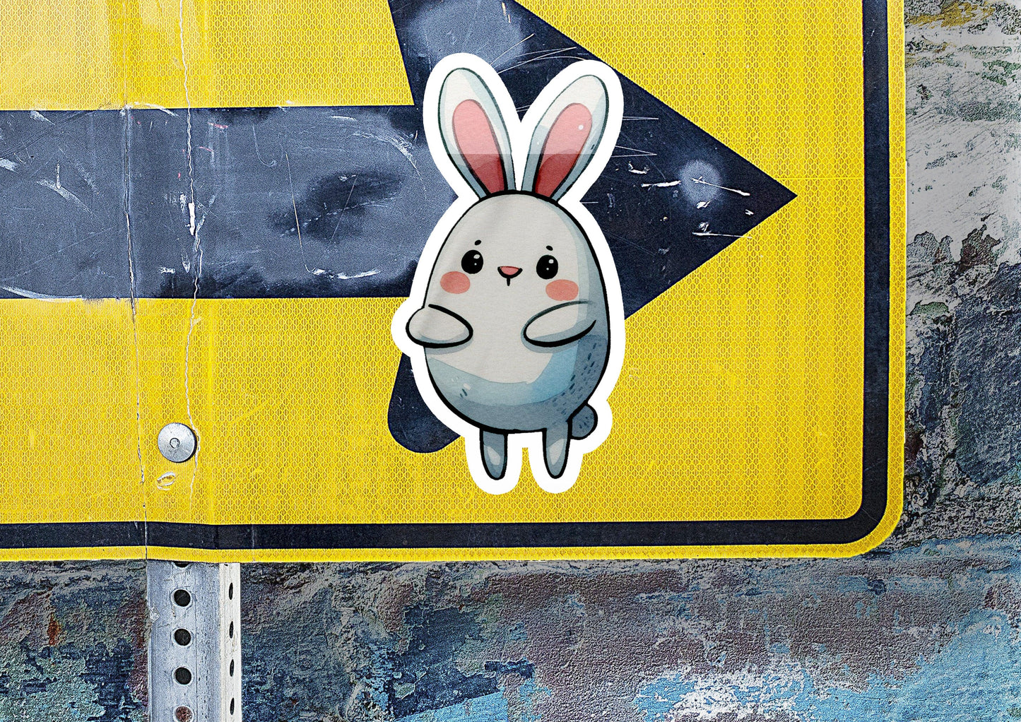 a sign with a sticker of a rabbit on it