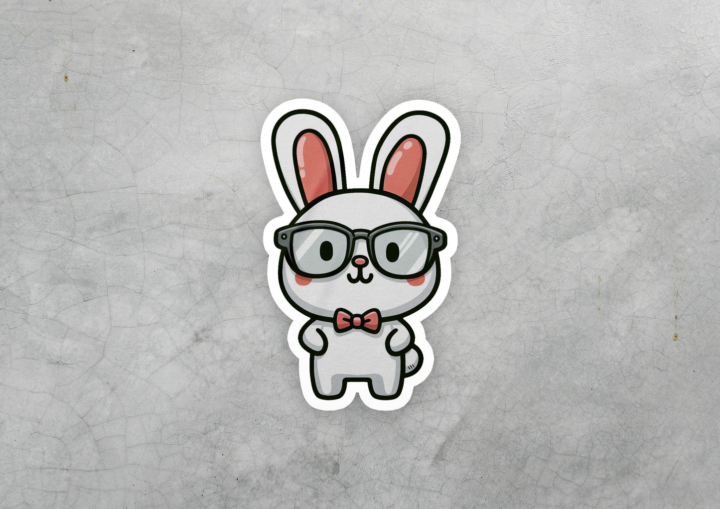 a sticker of a bunny wearing glasses and a bow tie