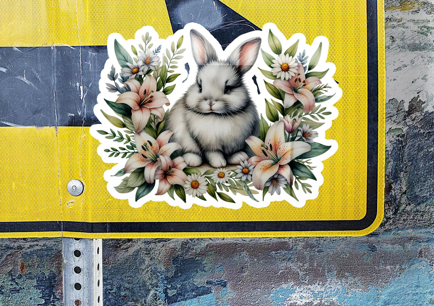 a sticker of a rabbit with flowers on it