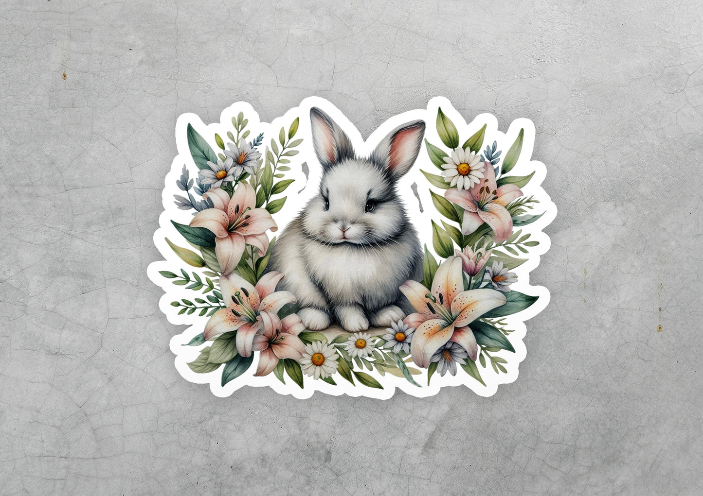 a sticker of a rabbit with flowers on it