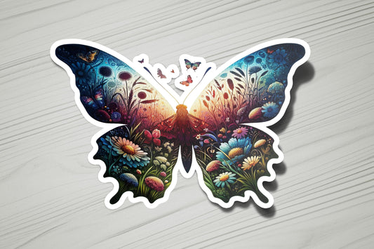 a colorful butterfly sticker on a wooden surface