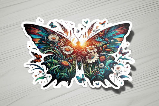 a sticker of a butterfly with flowers and butterflies on it