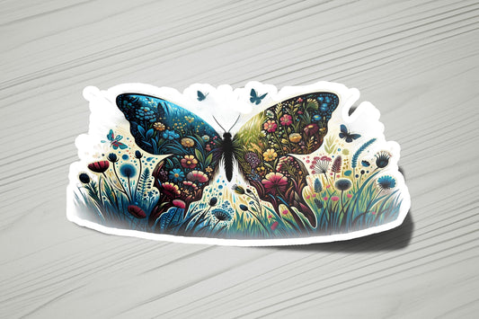 a sticker of a butterfly on a wooden surface