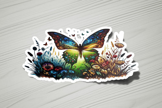 a sticker of a butterfly sitting on top of a wooden table