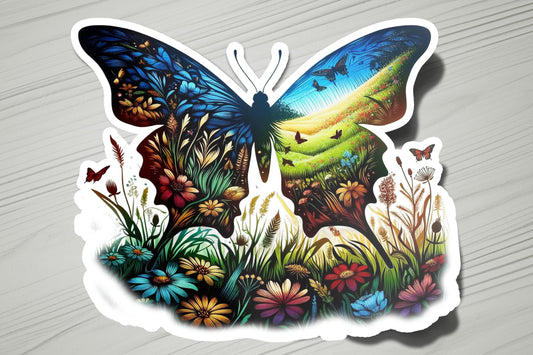a sticker of a butterfly sitting on top of a wooden table